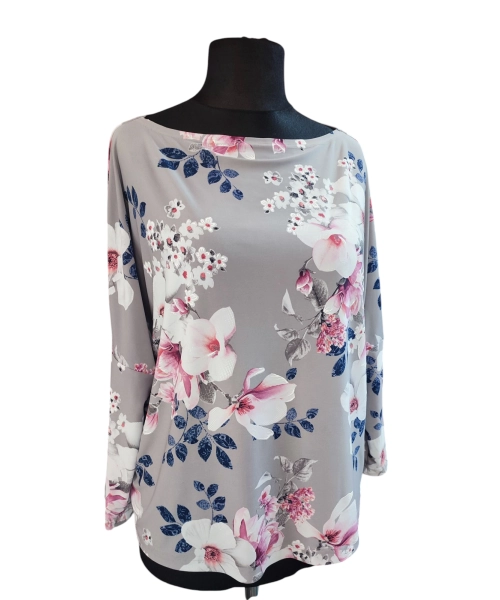 Popielata bluzka z rękawem 3/4 kimono - białe magnolie
